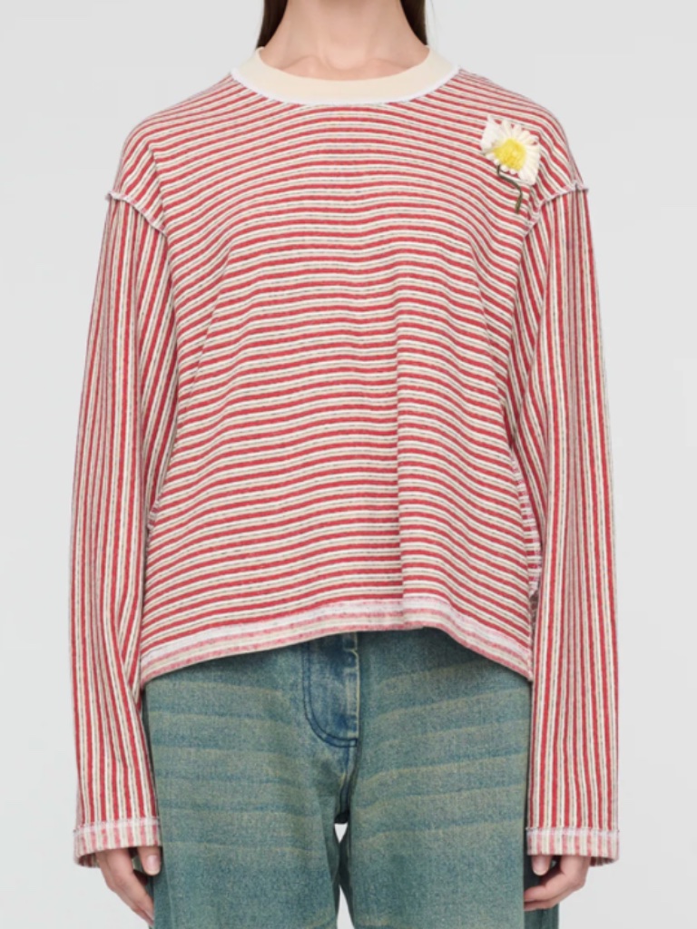 Nwt Song For The Mute Long Sleeve Crew Neck Striped Shirt, Red/Beige, Sz 38 (M)